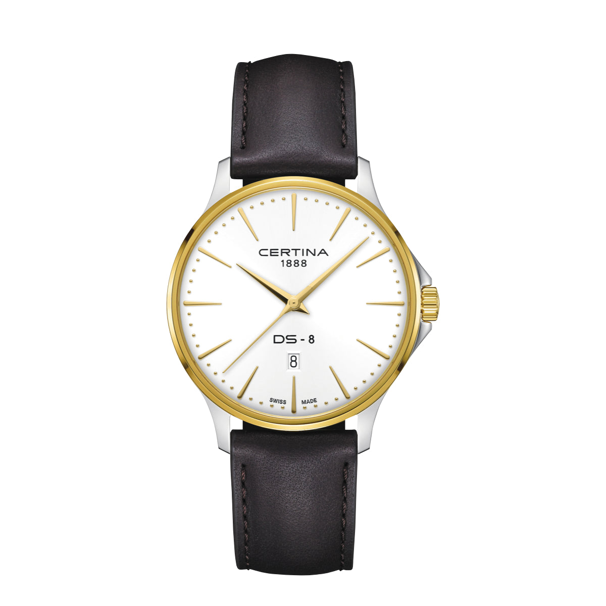 Certina DS-8 Gent 40mm mit braunem Lederarmband zeigt elegantes Uhrengehäuse in Goldoptik und weißem Zifferblatt. Modell C0454102603100