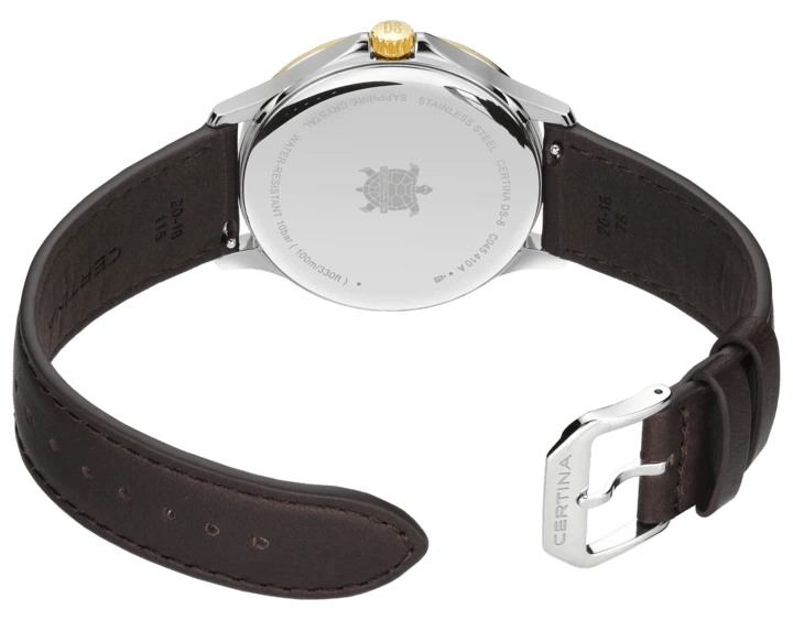 Certina DS-8 Gent 40 mm mit braunem Lederarmband, Gehäuserückseite aus Stahl und sichtbarer Schließe, C0454102603100