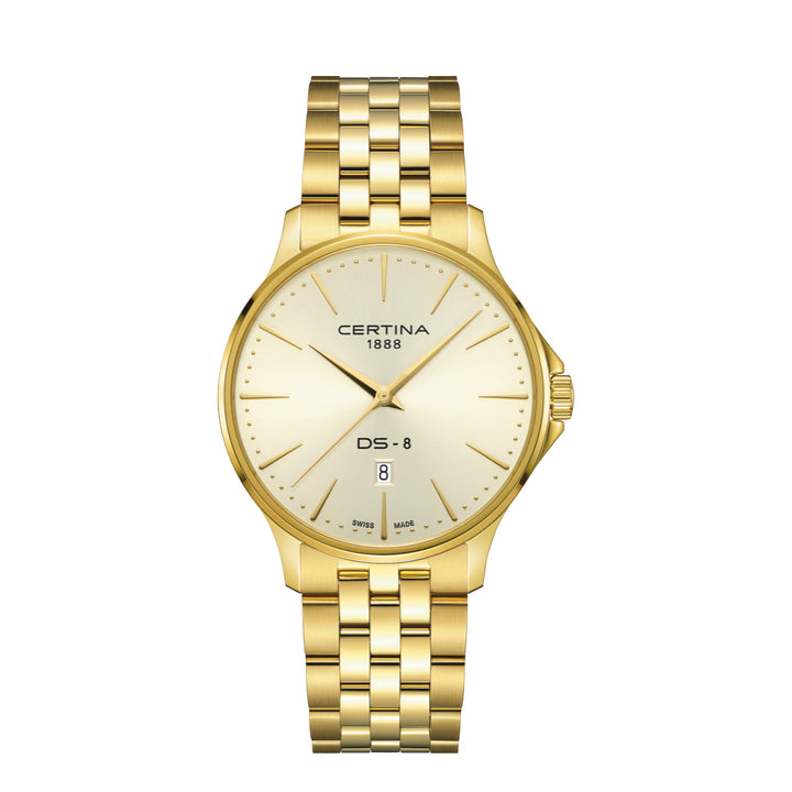 Certina DS-8 Gent Gold PVD 40 mm mit goldenem Zifferblatt und Datumsanzeige, Modell C0454103336100.