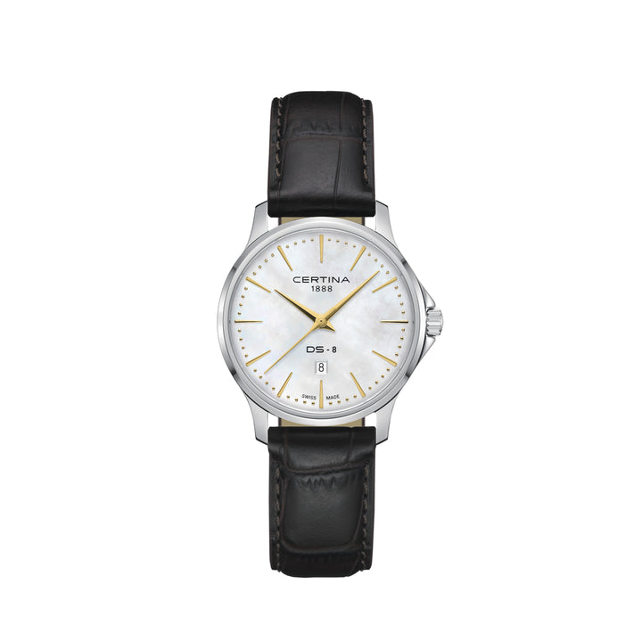 Certina DS-8 Lady 31 mm mit braunem Lederarmband, elegante Uhr mit Perlmuttzifferblatt und goldenen Details. Modell C045.010.16.111.00