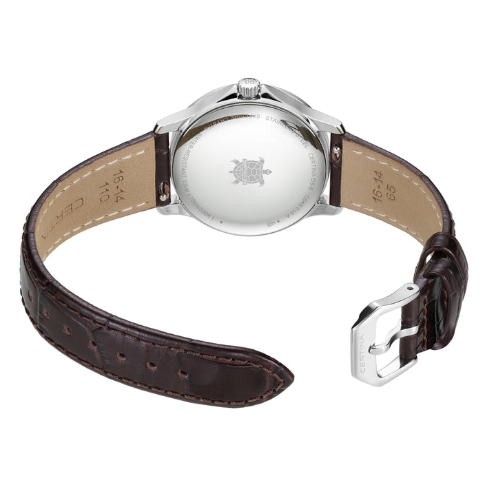 Certina DS-8 Lady 31 mm mit braunem Lederarmband, Detail von Gehäuse und Schließe. Modell C045.010.16.111.00