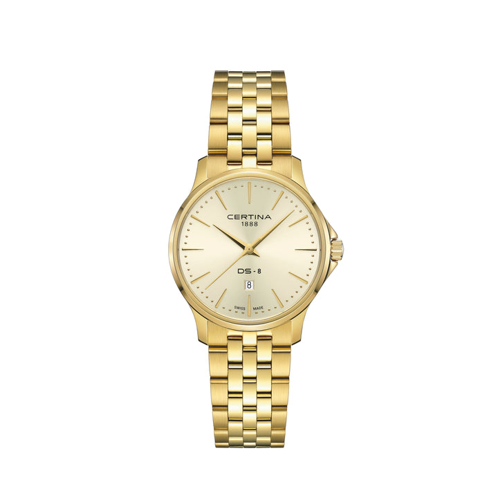 Certina DS-8 Lady 31 mm mit Gold-PVD, elegante Damenuhr in goldener Farbe mit klassischem Zifferblatt. Modell C0450103336100