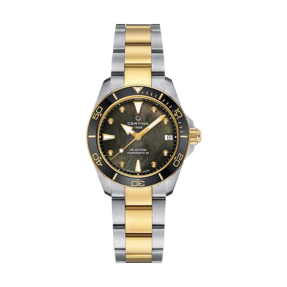 Certina DS Action 34,5 mm Powermatic 80 M Diamonds, zweifarbige Uhr mit schwarzem Perlmuttzifferblatt und Diamantmarkierungen. Modell C0320072212600