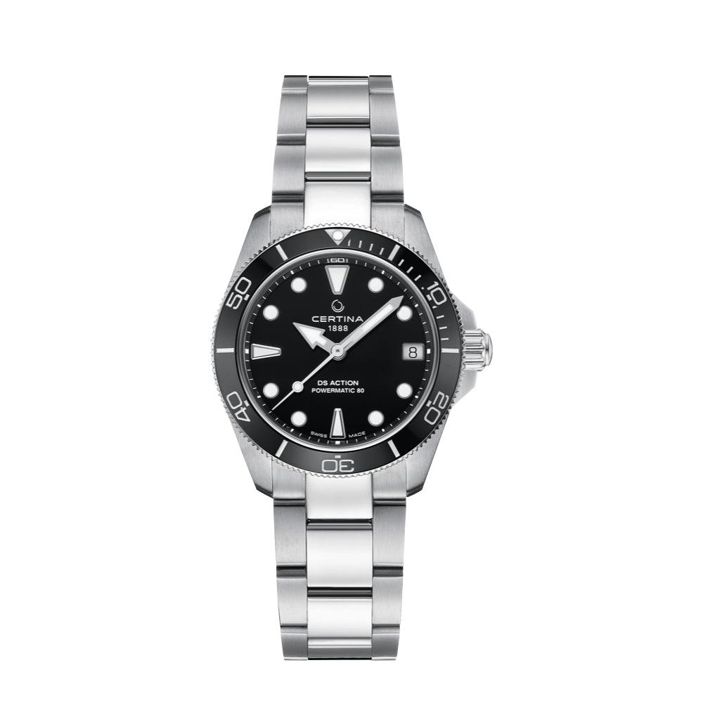 Certina DS Action 34,5 mm Powermatic 80 schwarze Uhr mit Stahlkette, rundem Zifferblatt und schwarzen Details. Modell C0320071105100