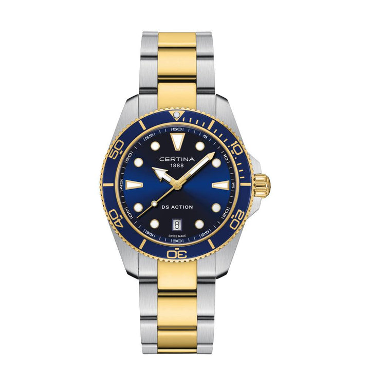 CERTINA DS Action blaues Zifferblatt, PVD-Quarz, 40 mm, blaues Zifferblatt und zweifarbige Stahl-Gold-Kette. Modell C0484102204100