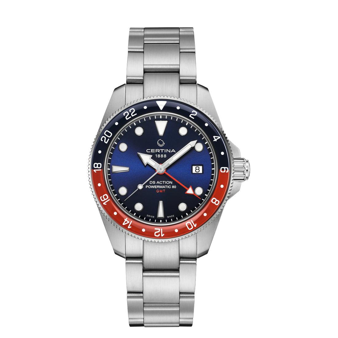 Certina DS Action GMT Powermatic 80 mit blauem Zifferblatt, Stahlgehäuse und Kette. Modell C0329291104100.