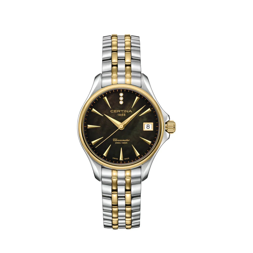 Certina DS Action Lady Diamonds mit schwarzem Perlmuttzifferblatt, Gold- und Stahldetails. Modell C0320512212601