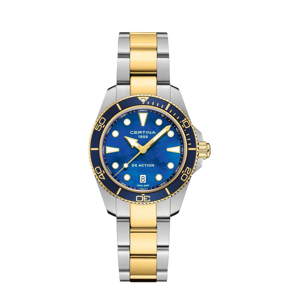 Certina DS Action Ocean Blue Perlmutt 34,5 mm Quarz, zweifarbige Stahlkette und blaues Zifferblatt. Modell C0482102213100.
