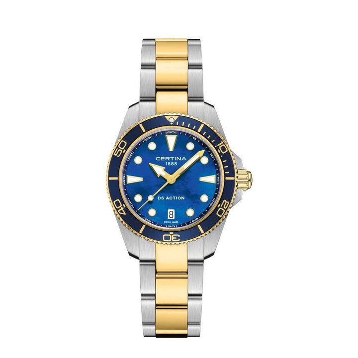Certina DS Action Ocean Blue Perlmutt 34,5 mm Quarz, zweifarbige Stahlkette und blaues Zifferblatt. Modell C0482102213100.