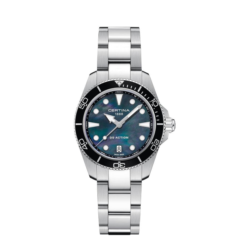 Certina DS Action Perlmuttzifferblatt 34,5 mm Quarz zeigt eine silberfarbene Armbanduhr mit schwarzer Lünette und blauem Perlmuttzifferblatt. Modell C0482101112100.