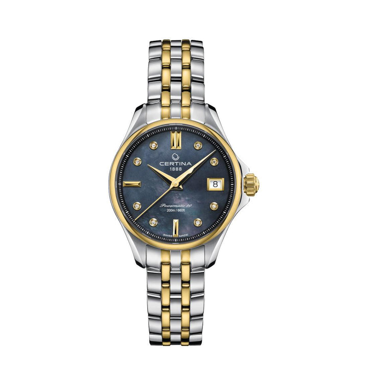 Certina DS Action Powermatic 80 Damenuhr mit schwarzem Perlmuttzifferblatt und zweifarbiger Stahlkette. Modell C0322072212600