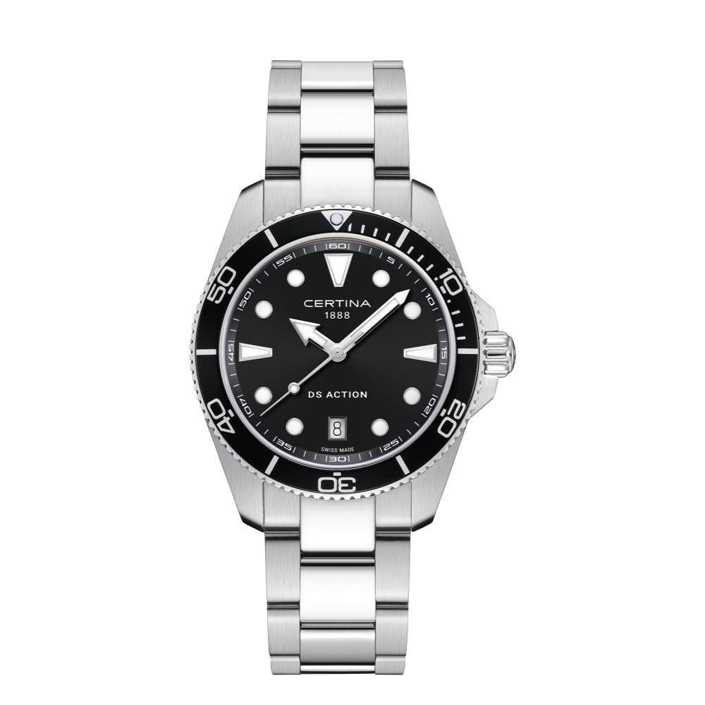 Certina DS Action Quarz-Herrenuhr mit schwarzem Zifferblatt, 40 mm und Stahlkette, Modell C0484101105100.