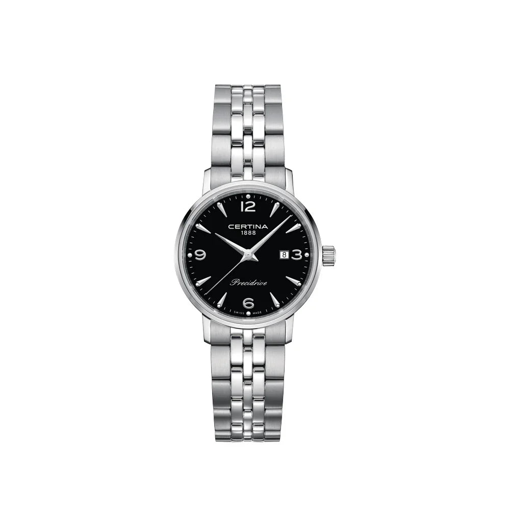 Certina DS Caimano Damenuhr mit schwarzem Zifferblatt und silberfarbener Edelstahlkette. Modell C0352101105700