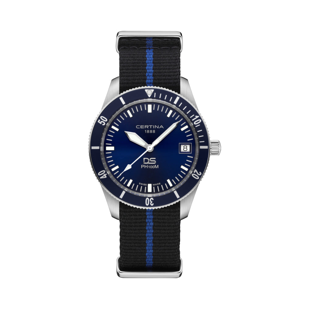 Certina DS PH100M Gent blaues Zifferblatt mit schwarzem und blauem Textilarmband, rundes Stahlgehäuse. Modell C0444101804000