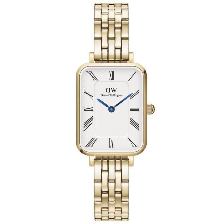 Daniel Wellington Quadro Römische quadratische Damenuhr mit goldfarbener Kette und weißem Zifferblatt, Modell ADW00100688