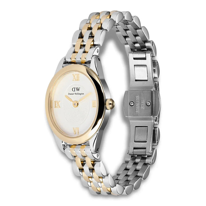 Daniel Wellington ADW00100811 ur med sølv-guld lænke og hvid skive, sideview. Model ADW00100811