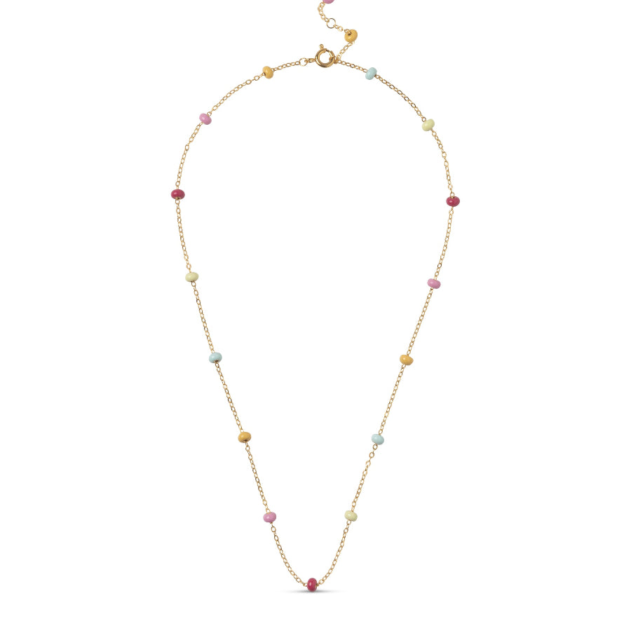 enamel Lola-Kugelkette Regenbogen aus vergoldetem Silber, Kette mit bunten Perlen auf weißem Hintergrund. Modell n137g-rainbow-1