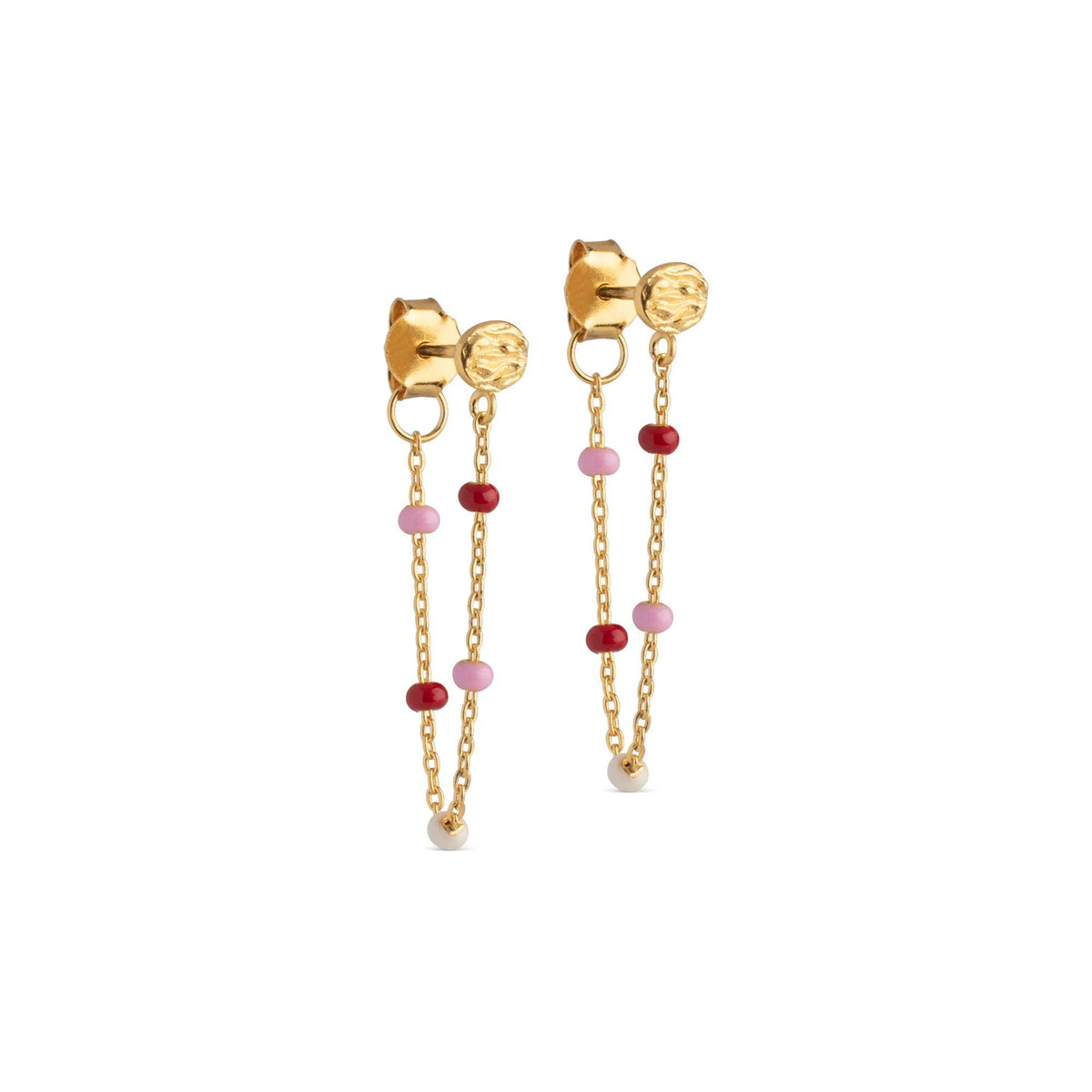 Enamel Lola Rosie Ohrringe mit Goldkette und kleinen rosa und roten Perlen, Modell E140GM-ROSIE.