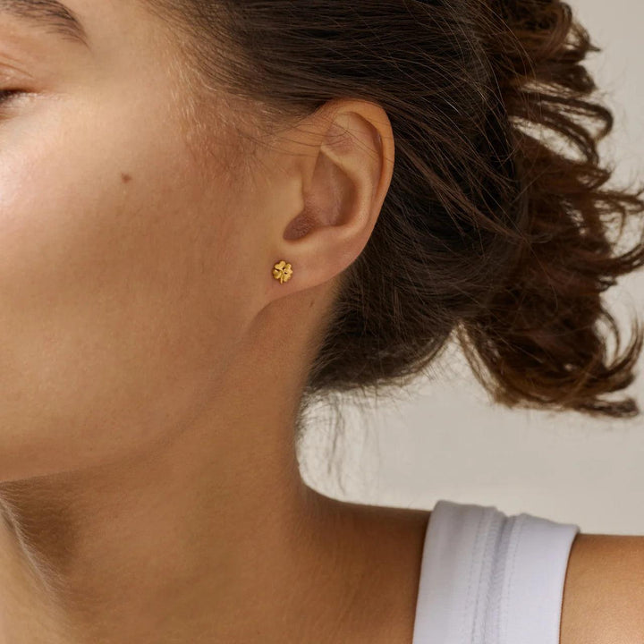 Enamel Die kleinen vierblättrigen Kleeblatt-Ohrstecker von Organic Clover in Goldoptik werden am Ohr getragen, Modell E412GM-1.