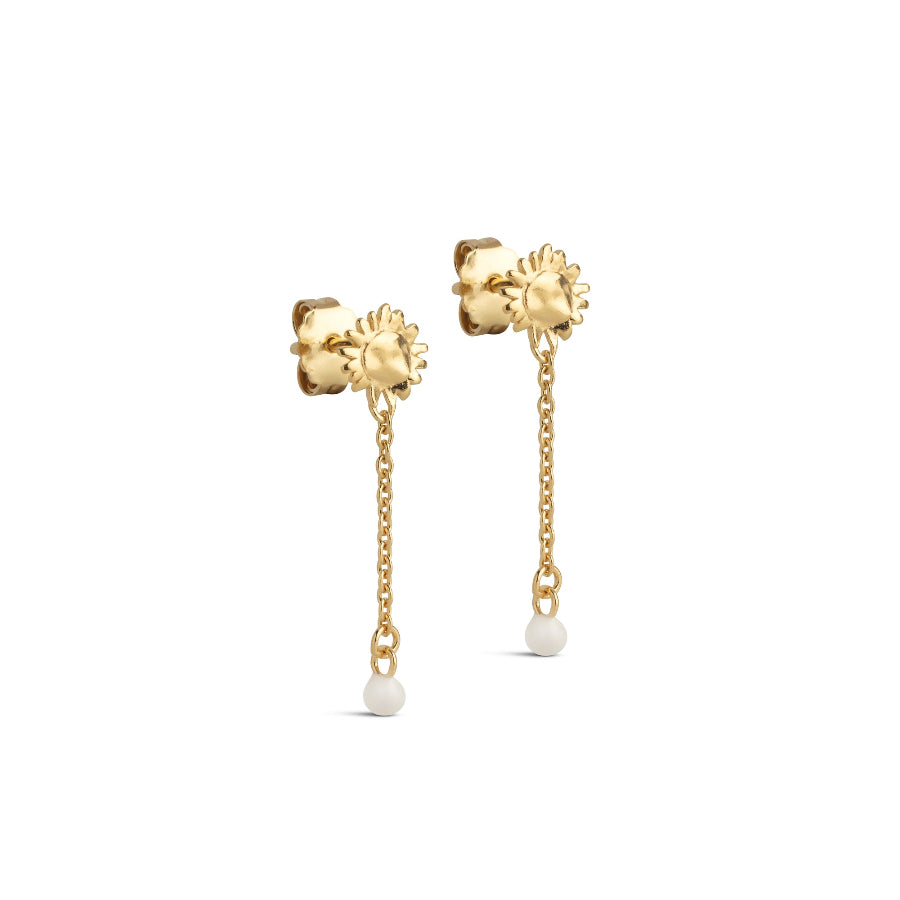 Enamel Sunshine Drop Ohrringe Daisy e423g-Daisy vergoldete Sonnenblumen-Tropfenohrringe und Kette mit weißen Details. Modell e423g-daisy-1