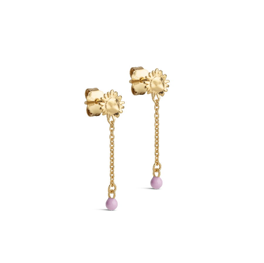 Enamel Sunshine Drop Ohrringe Pink, Titelbild zeigt goldene Ohrringe mit rosa Tropfen, Modell e423g-pink-1
