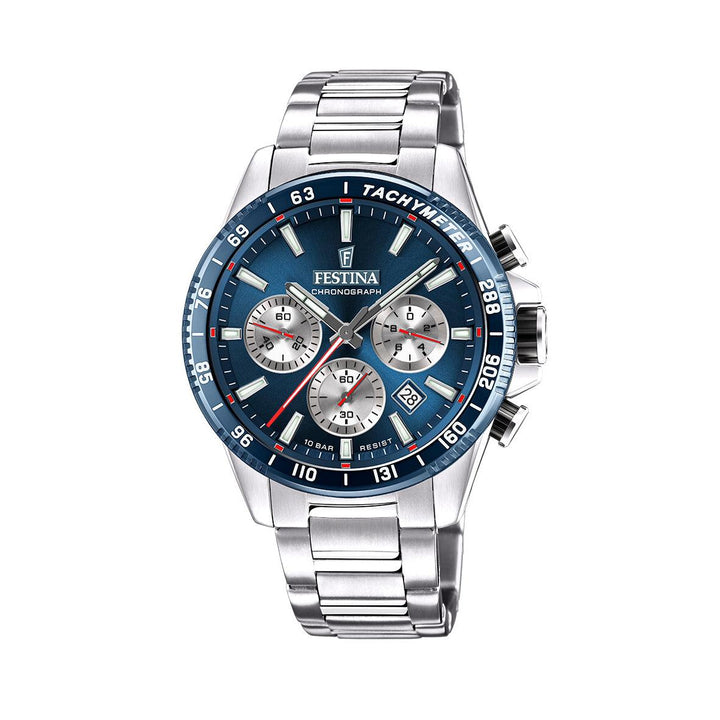 Festina Chrono Sport Herrenuhr mit blauem Zifferblatt, silberfarbener Stahlkette und drei Hilfszifferblättern. Modell 205602-205602-1.