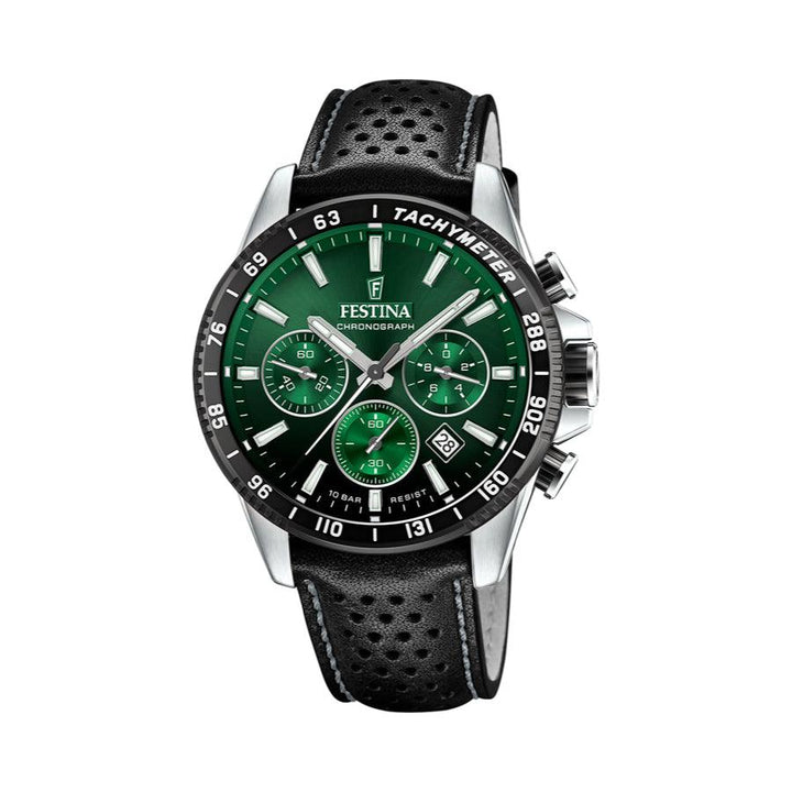 Festina Chrono Sport Herrenuhr mit grünem Zifferblatt, schwarzem perforiertem Lederarmband und Stahl, Modell 205615-205615-1