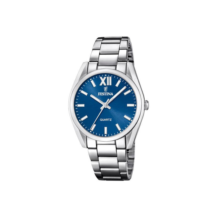 Festina Damenuhr 206225 mit blauem Zifferblatt und silberner Kette, elegantes und zeitloses Design. Modell F206225/1
