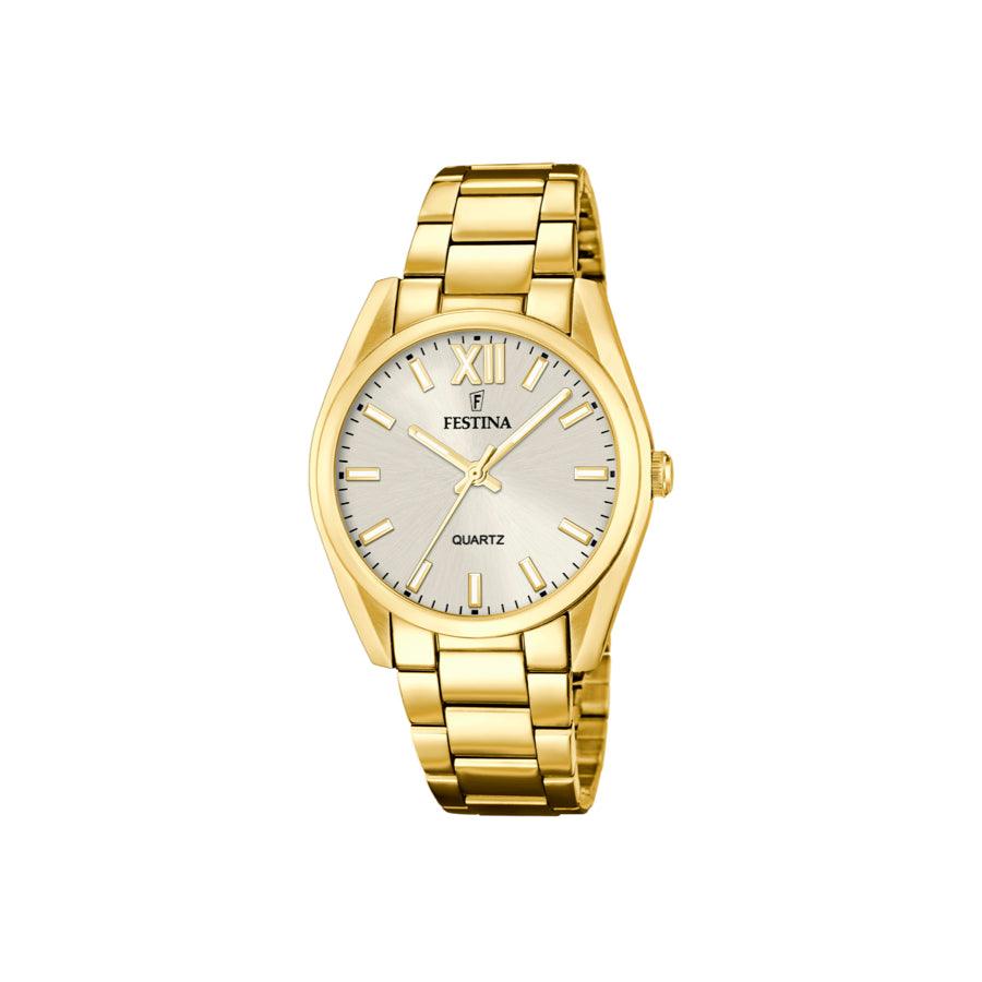 Festina Damenuhr in Doppelgold mit silbernem Zifferblatt und klassischer Kette, Modell F206401-F206401-1.