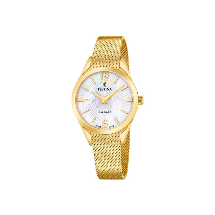 Festina Damenuhr Swiss Made Grace F200771/1, elegante Damenuhr mit goldfarbener Mesh-Kette und weißem Perlmuttzifferblatt. Modell F200771/1