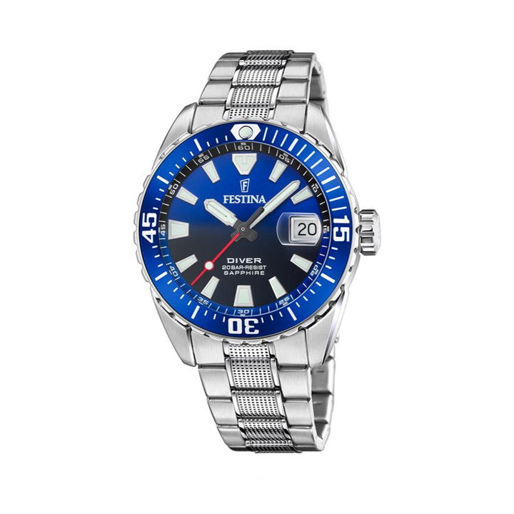 Festina-Herrenuhr Diver F206691 mit blauem Zifferblatt, Stahlgehäuse und silberfarbener Kette. Modell F206691-1.