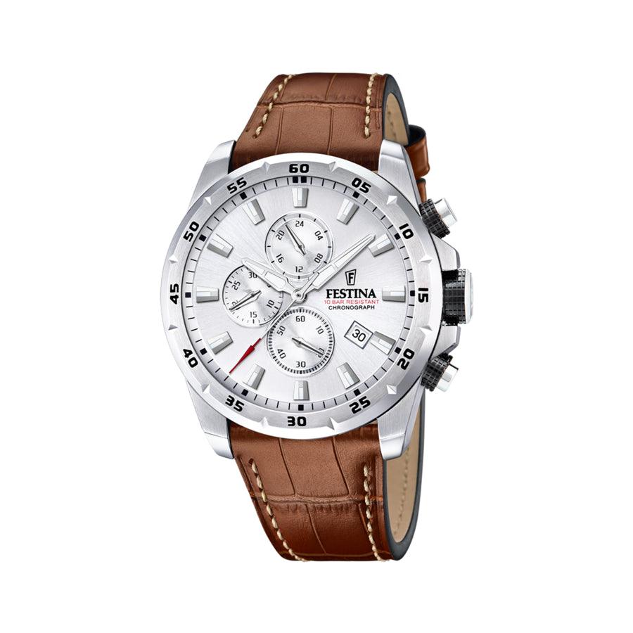 Festina-Herrenuhr F206921 mit silbernem Zifferblatt, braunem Lederarmband und Chronograph. Modell F206921.