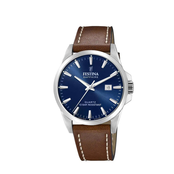 Festina Herrenuhr Swiss Made F200253 mit blauem Zifferblatt, Stahlgehäuse und braunem Lederarmband. Modell F200253-1