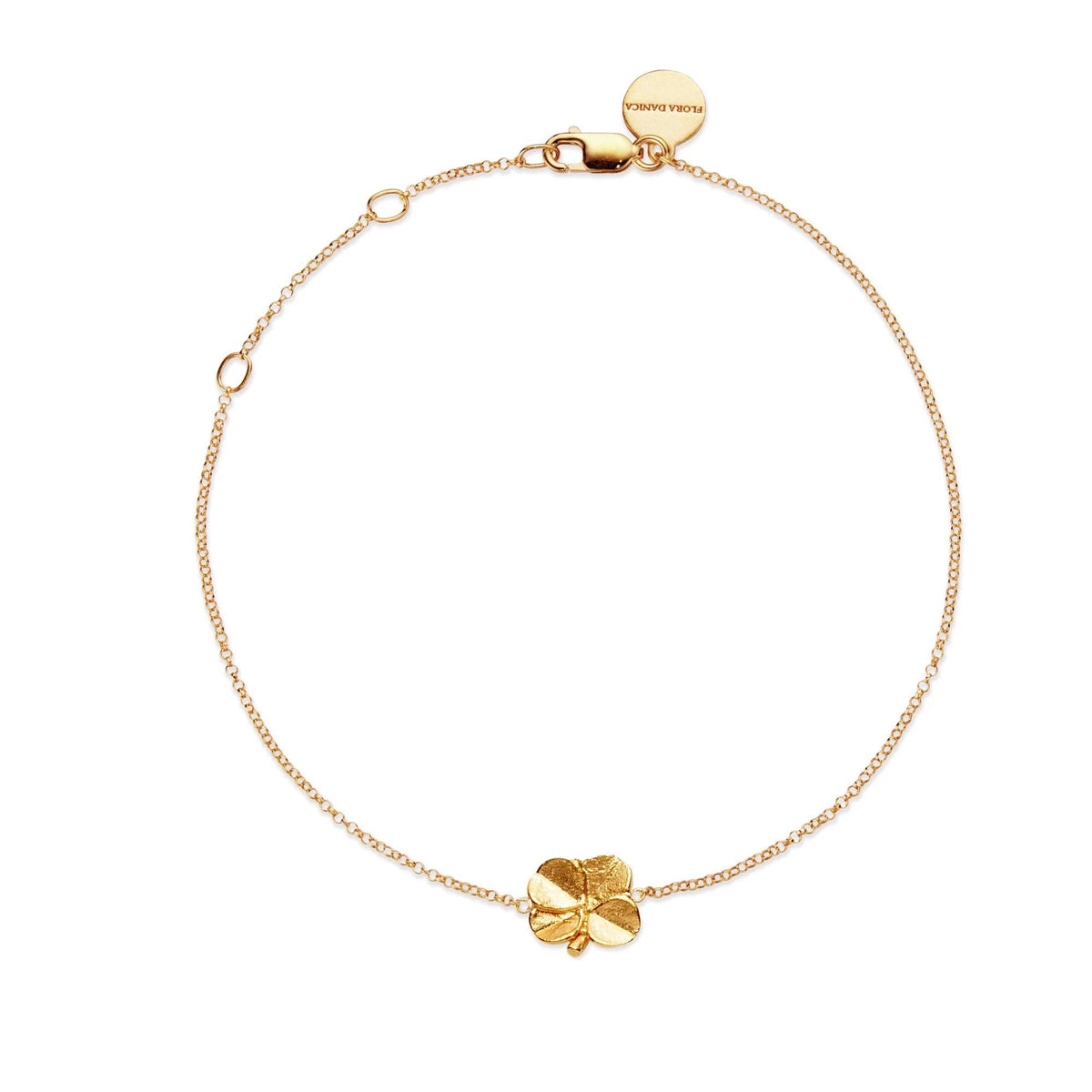 Flora Danica Vierblättriges Kleeblatt-Armband aus vergoldetem Silber mit feiner Kette und vierblättrigem Kleeblatt-Anhänger in Gold. Modell 907-FLC-BR-G-1