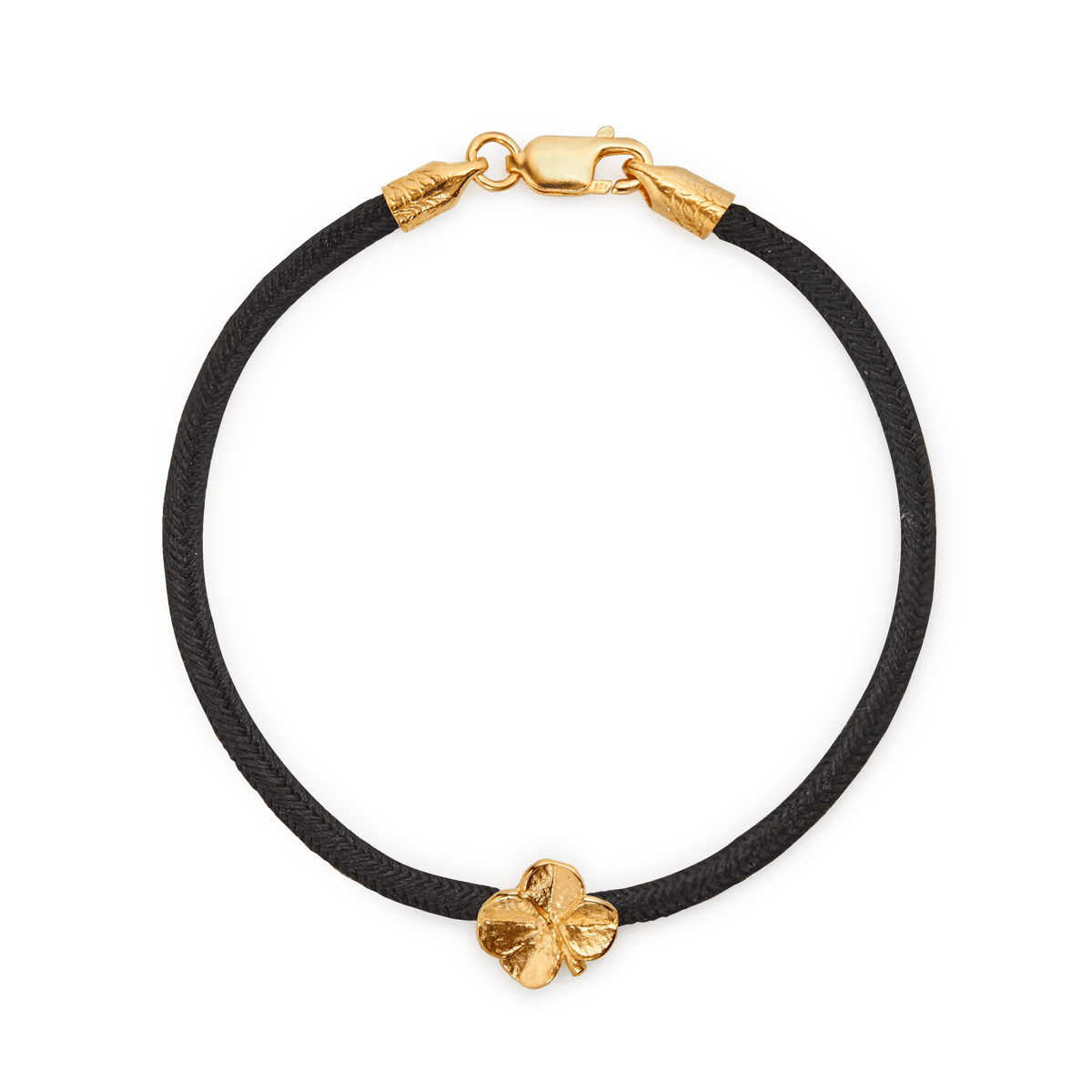 Flora Danica Vierblättriges Kleeblatt-Seidenarmband schwarz mit vergoldetem Kleeblatt-Detail und Verschluss, Modell 907-flc-silk-black-g-001-1.