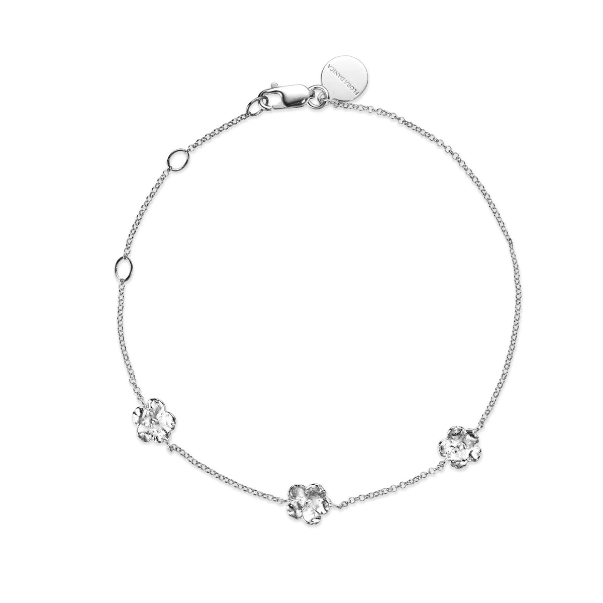 Flora Danica Vergissmeinnicht-Armband Silber mit drei Blumen an feiner Kette, Modell 907-fmn-br-s-1.