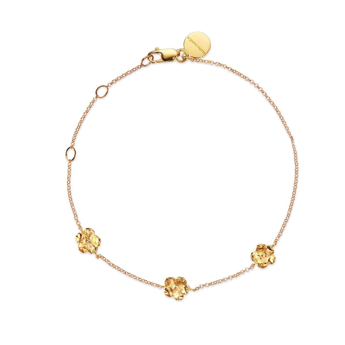 Flora Danica Vergissmeinnicht-Armband aus vergoldetem Silber, elegante Kette mit drei goldenen Blumendetails. Modell 907-fmn-br-g-1