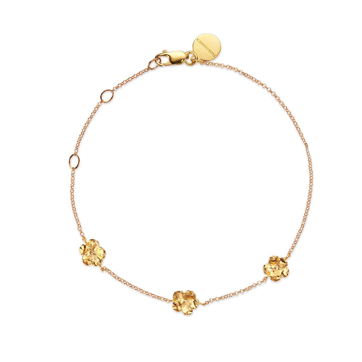 Flora Danica Vergissmeinnicht-Armband aus vergoldetem Silber, elegante Kette mit drei goldenen Blumendetails. Modell 907-fmn-br-g-1