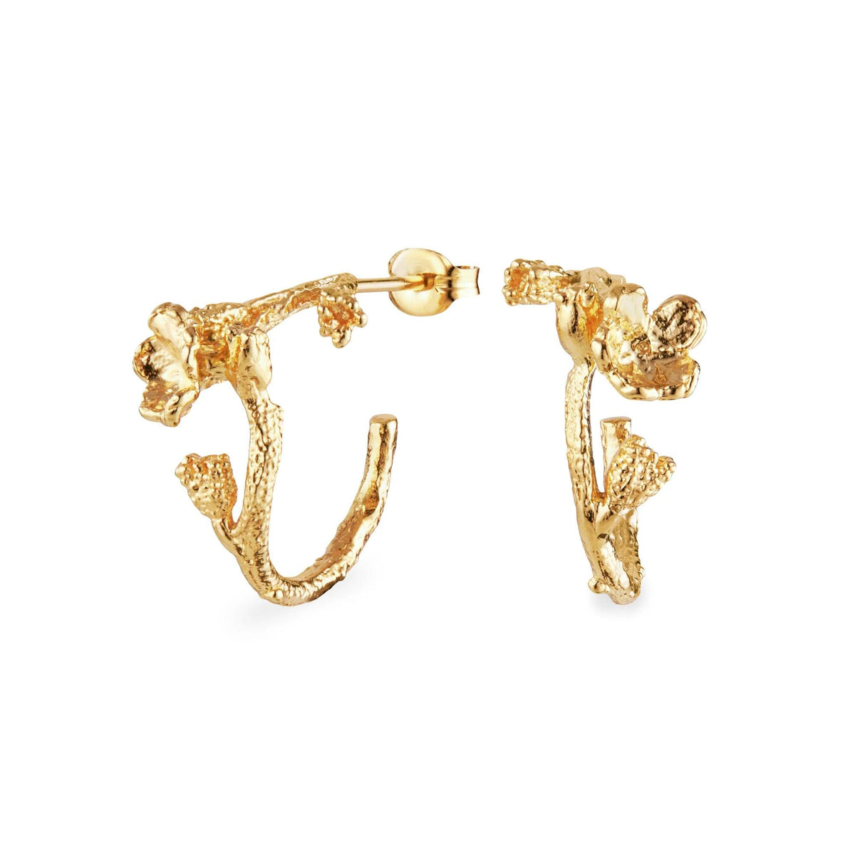 Flora Danica Vergissmeinnicht-Creolen aus vergoldetem Silber mit floralen Details in organischen Formen, Modell 907-fmn-hopc-g.