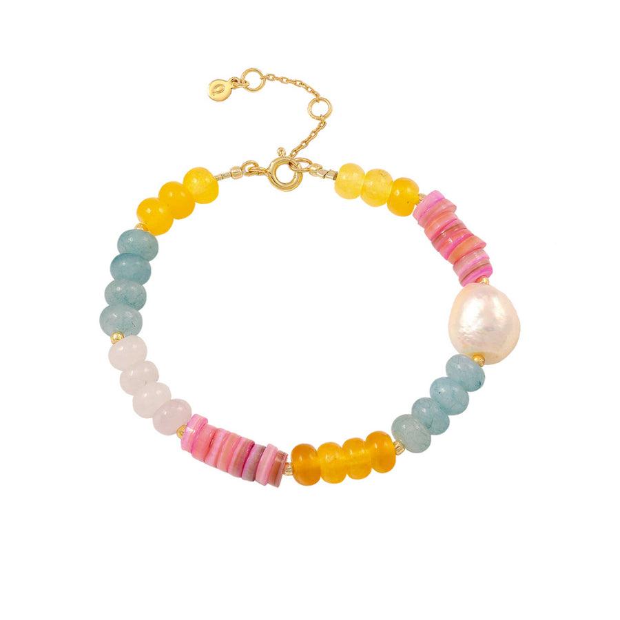 Hultquist Holiday Armband mit bunten Perlen und goldenem Kettenverschluss in Blau, Rosa und Gelb. Modell S08513G-1.