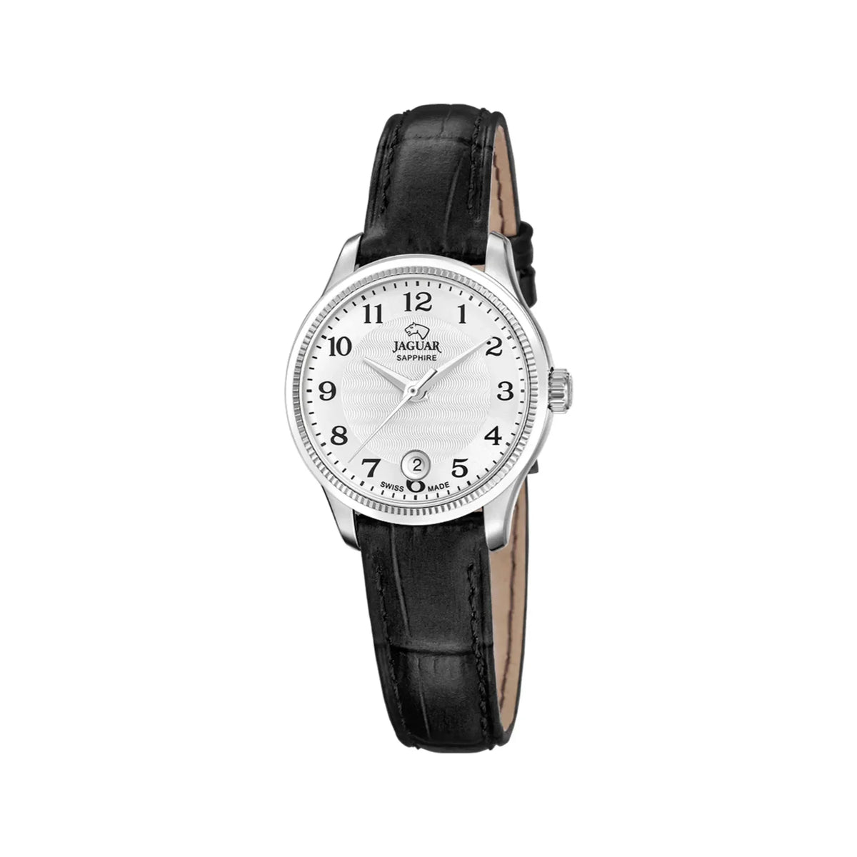Jaguar Acamar Klassische Damenuhr mit schwarzem Lederarmband, silbernem Zifferblatt und elegantem Design. Modell J10461-1