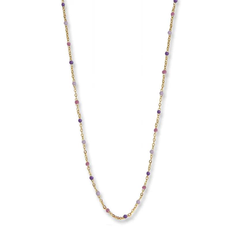 Jeberg Jewellery Lavendel-Halskette aus vergoldetem Silber mit kleinen lila und rosa Perlen, elegante Kette. Modell 4630-42-G
