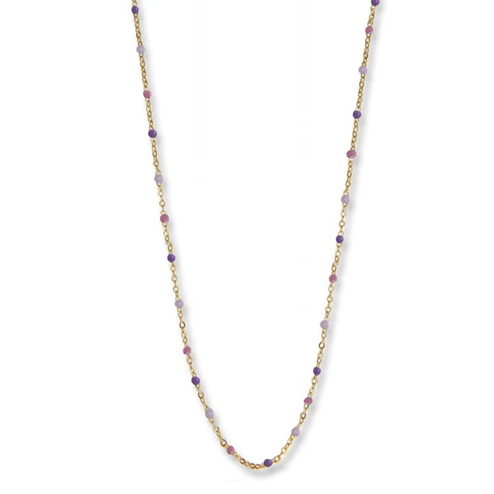 Jeberg Jewellery Lavendel-Halskette aus vergoldetem Silber mit kleinen lila und rosa Perlen, elegante Kette. Modell 4630-42-G