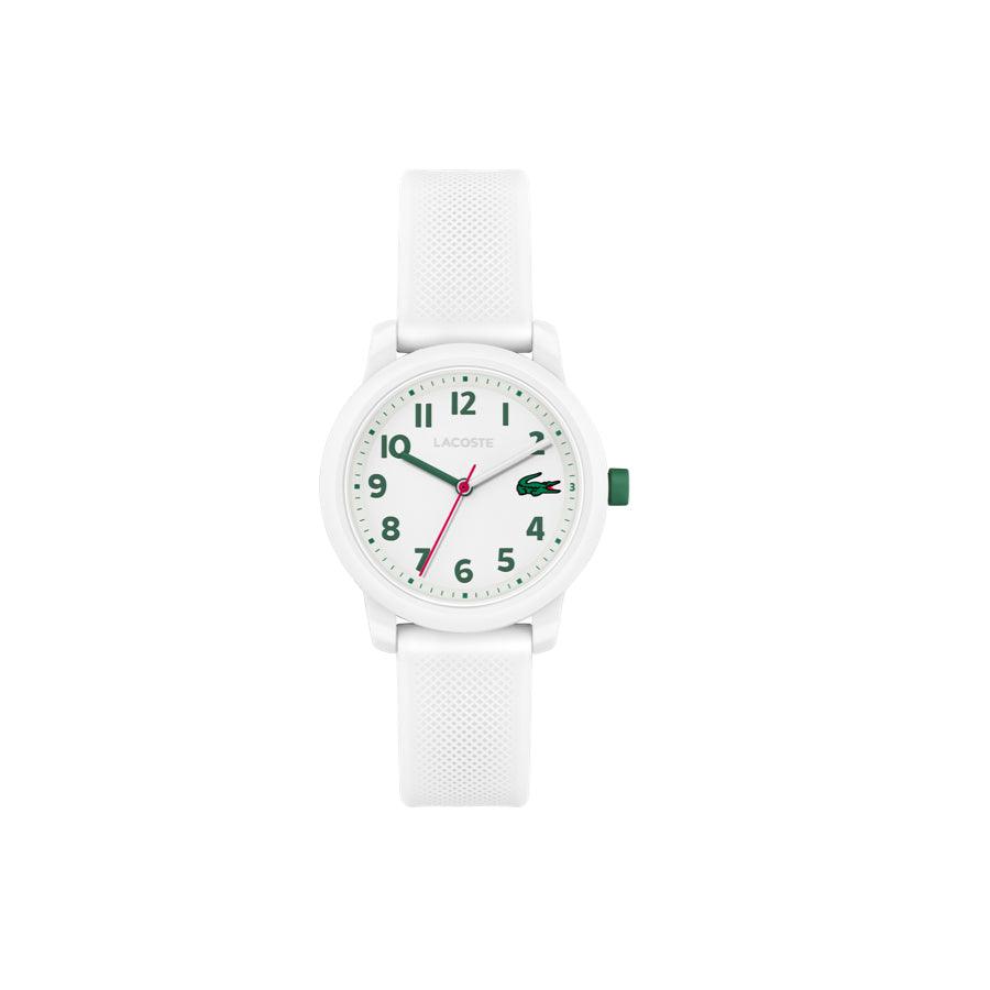 Lacoste Junior WATCH 12.12 weiße Uhr mit grünen Details, rundem weißem Zifferblatt und weißem Silikonarmband, Modell 203003-1.