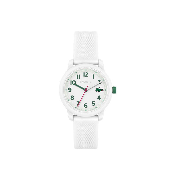 Lacoste Junior WATCH 12.12 weiße Uhr mit grünen Details, rundem weißem Zifferblatt und weißem Silikonarmband, Modell 203003-1.