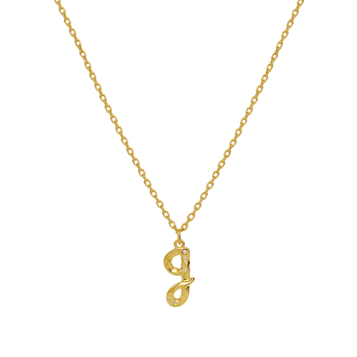 maanesten-alphabet-letter-halskaede-forgyldt-bogstavs-vedhaeng-a-z viser en elegant forgyldt halskæde med bogstavvedhæng g, pyntet med små klare sten. Model 2744a-007-9