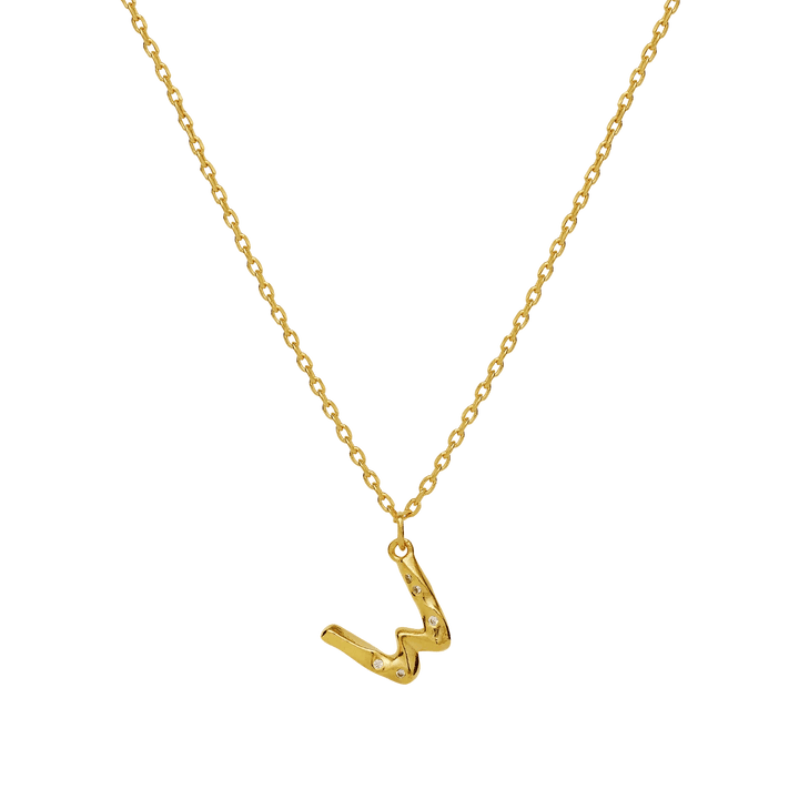 maanesten-alphabet-letter-halskaede-forgyldt-bogstavs-vedhaeng-a-z, forgyldt halskæde med W vedhæng og små sten. Model 2744a-022-22.