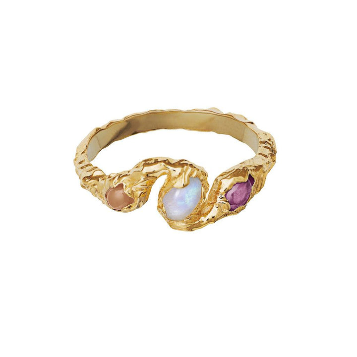 Mondstein Baila Ring 18 kt vergoldet mit rustikaler Oberfläche und drei Farbsteinen, Modell 4764a-001-1.