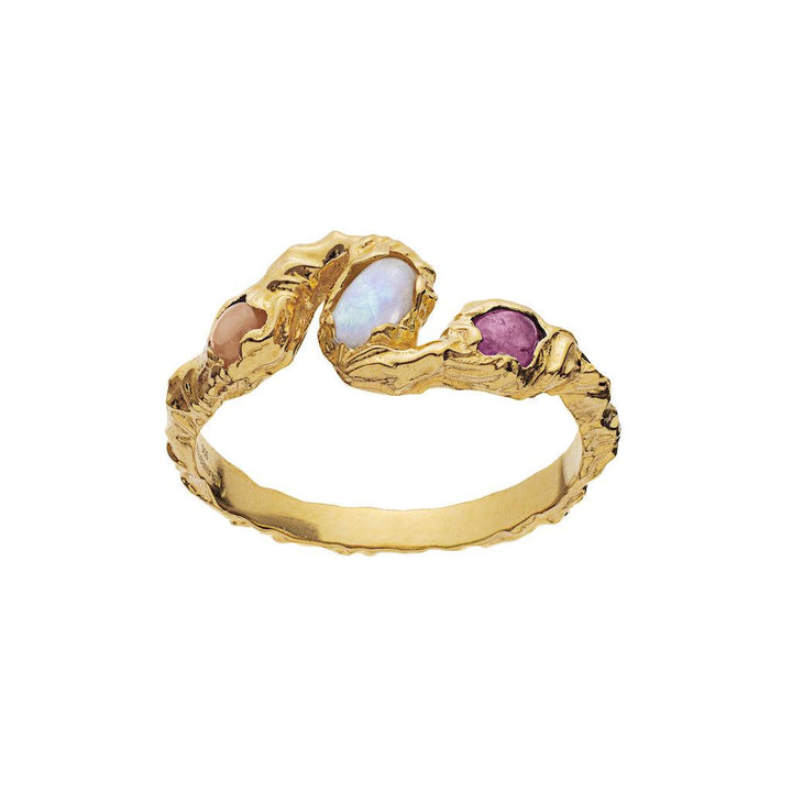 Mondstein-Baila-Ring, 18 kt vergoldet, mit Opal-, Rosa- und Lilasteinen in einem organischen, wellenförmigen Design. Modell 4764a-001.