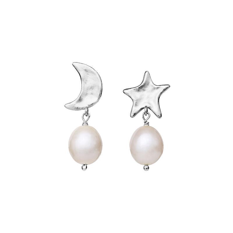 Moonstone Gabrielle Silberohrringe mit Mond und Stern, beide verziert mit weißen Perlen. Modell 9942c-1